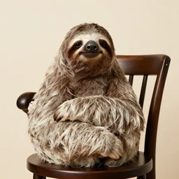 a beautiful studio portrait of a sloth sitting in a chair