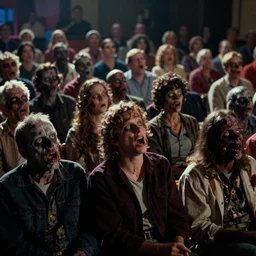 7 0 s film still from a horror movie of the price is right audience filled with zombies, kodachrome, cinecolor, cinestill, photorealism, cinematic, film grain, film texture, vhs recording