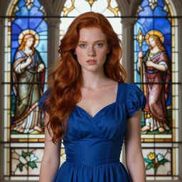 a beautiful girl, red hair, blue dress, detailed, stained glass windows in background, realistic style _ h 7 0 4