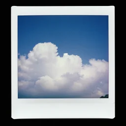 polaroid photo of fluffy clouds in the sky looking like stay puft marshmellow man