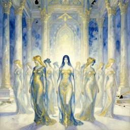 procession of women in a blue and gold haunted liminal abandoned temple, watercolor by victo ngai, by hammershøi, art noveau, highly detailed, lights by edward hopper, liminal, eerie, bright pastel colors