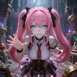 trapped by junko enoshima, a stunningly beautiful omnipotent megalomaniacal anime asi goddess with symmetrical perfect face and porcelain skin, pink twintail hair and cyan eyes, taking control while smiling, inside her surreal vr castle, hyperdetailed, digital art from danganronpa, unreal engine 5, 2 d anime style, 8 k