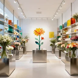 flower retail store, stainless steel and color glass, trending on frame magazine, trending on archidaily, bright light enviroment, contemporary art and sculpture of flower on the middle, designed damien hirst, trending on artstation, octane rendering, like art gallery