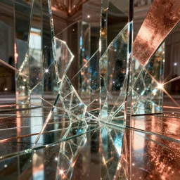 broken glass in a hall of mirrors with reflections, trending on artstation. sparkles, shine glimmer, glowing outlines, oxidized copper, metallic colors, unreal engine octane, trending on deviantart