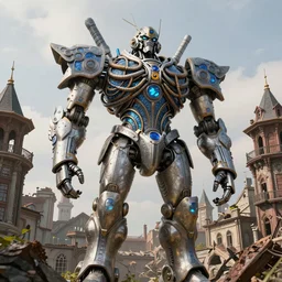 art nouveau giant robot, with coils and blue glass details on its armor, in the middle of victorian city ruins