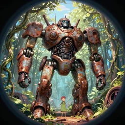 wholesome animation key shot, fish eye lens, intricate, standing under the rusty robot schwerer gustav!!!!, vines, abandoned, dappled light, colorful graffiti!!!!!!, dandelion, ambient occlusion, studio ghibli, pixar, disney concept art watercolor illustration by craig mullins, dean cornwell, nc wyeth, satoshi kon!