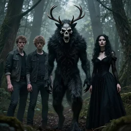 style artgerm, joshua middleton, steve niles, gerald brom, scary wendigo with antlers and skull face mixed with werewolf, beautiful witch wearing a black dress on the right side, in the forest, detailed, dark and foggy, cinematic lighting