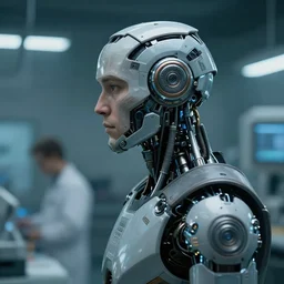 a laboratory helper man with cybernetic enhancements seen from a distance, scifi character portrait by greg rutkowski, craig mullins, 1 / 4 headshot, cinematic lighting, dystopian scifi gear, profile picture, mechanical, cyborg, half robot