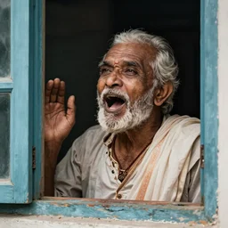 an old indian man yelling seen through a window