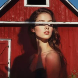 art by greg rutkowski and ruan jia. a lonely elegant and grace young woman in the shadow of a red barn!. cinematic, sharp edges, stage light. establishing shot, sense of awe. delicate features. alluring. poster style, ultra realistic. ultra clear detailed