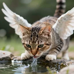 Cat with wings drinking from a pond, digital artstyle, trending on fiverr, 40nm lens, shallow depth of field, split lighting, 4k,