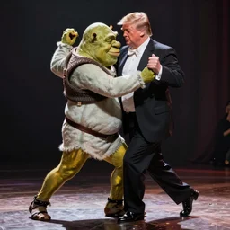 shrek and donald trump doing the tango together, cinematic lighting, high particles, realistic shadows, 4 k