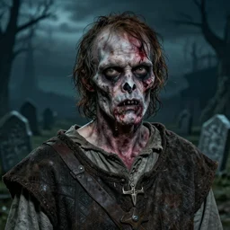 head and shoulders vogue fashion photo portrait of a decaying male medieval villager zombie in a dark nighttime medieval graveyard, d & d