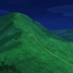 curvy perspective cartoon concept art, grass mountain night landscape, from sam and max