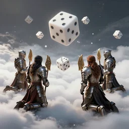people in fantasy armor kneeling, dice in the clouds,