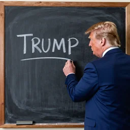 Donald Trump writing on a chalkboard