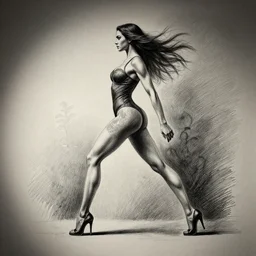 tiffany dover, full body profile, dynamic wide angle lens, pencil and ink, dramatic lighting,
