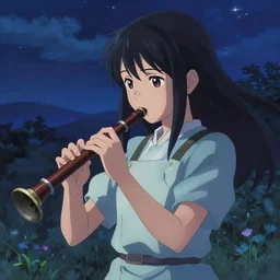 a girl from final fantasy live action, renge miyauchi from non non biyori playing a recorder, evocative, mystical night, very very very very detailed, award winning, masterpiece digital painting by greg rutkowski, alex grey, artstation, 4 k wallpaper