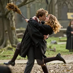 There was a clatter as the basilisk fangs cascaded out of Hermi- one’s arms. Running at Ron, she flung them around his neck and kissed him full on the mouth. Ron threw away the fangs and broom- stick he was holding and responded with such enthusiasm that he lifted Hermione off her feet.