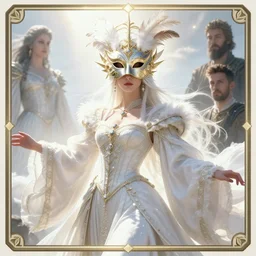 art by artgerm, atey ghailan, craig mullins and greg rutkowski. taoist goddess. in elden ring. magic card art. sunny. rim light!! renaissance noble costume, gorgeous mask!! feathers, sharp edges, stage light on shining crown, dynamic pose, intricate. bright white. ultra realistic. ultra clear detailed