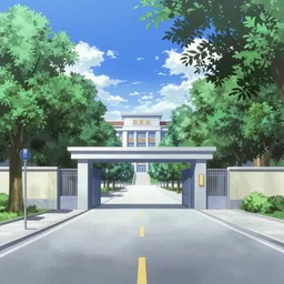 private academy entrance, boulevard, trees, building in the distance, overhanging branches, long road, cel - shading, 2 0 0 1 anime, flcl, jet set radio future, the world ends with you, kid a, cel - shaded, strong shadows, vivid hues, y 2 k aesthetic, art by artgerm