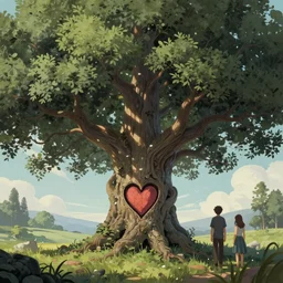 A beautiful digital illustration painting of a detailed fantasy tree with a heart carved in the trunk by Blair Leighton and Charlie Bowater, 8k resolution trending on Artstation concept art digital illustration