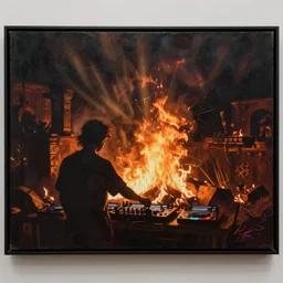 nicolas lutz djs in hell. painting, realistic, panorama, rembrandt, dark, fire, sharp focus, radiant light