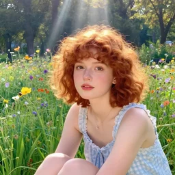 a cute 20 year old girl with short curly red hair sitting in a field of flowers, god rays are passing through the trees in the background, Monet painting, close-up