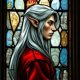 medieval stained glass window, side - view portrait of a male elf, pale, long white hair, pointy elf ears, red coat, masterful, backlit