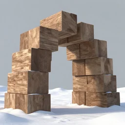 large wooden blocks stacked ontop of each other in an arch, in the snow, an ambient occlusion render by Filip Hodas, Simon Stålenhag, digital art, cgsociety, environmental art, matte painting, ambient occlusion