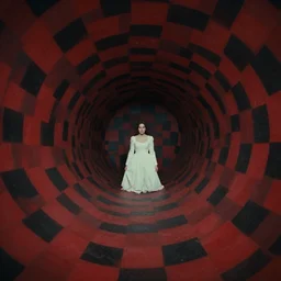 a warped tunnel of irregular red and black checkerboard pattern drowns a woman in a white gown, 4k film still from the movie directed by Denis Villeneuve with art direction by Zdzisław Beksiński, wide lens