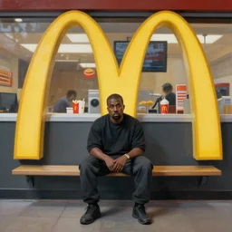 Kanye West sitting alone at Mcdonalds,panoramic shot, painting