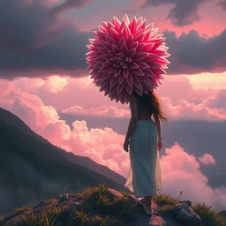 giant dahlia flower crown head woman walking on mountain, surreal photography, pink storm clouds, dramatic light, impressionist painting, digital painting, artstation, simon stalenhag