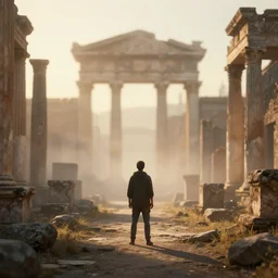 a 3 d render of a person standing in the ruins of an ancient city in the morning mist, greek and roman ruins, bokeh, canon 5 0 mm, cinematic lighting, volumetric light, octane, octane render, redshift render, golden hour, pompeii