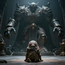 a large creature sitting on the floor with eyes wide open staring at a gigantic evil statue cloaked in armor, epic, hyper