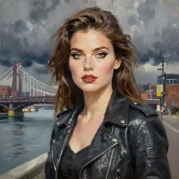 woman, detailed almond eyes shape, dressed in biker style, bridge, dark clouds, stylish, greg hildebrandt fancy new york oil painting high quality