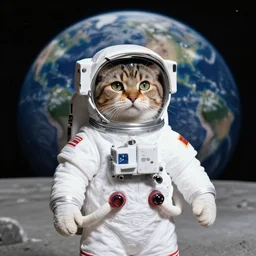 cat wearing astronaut suit on the moon planet earth in the background sigma 1 4 mm f / 1. 8 astroied belt