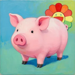 a beautiful painting lovely toy pig, by kusama yayoi and takashi murakami color screen printing