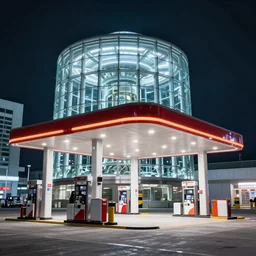 sci - fi gas station against backdrop of glowing glass clean sci - fi fission power containment building, a sense of hope and optimism, hyper realistic, high res, 4 k, harsh light, edouard groult, bynde, kirill leonov, isaac zuren