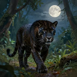 a beautiful matte painting of a black jaguar walking in the jungle at night, front face, with full moon in the sky, ayahuasca