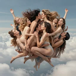 a intricate surrealist mass of top model woman bodies kissing each-other by luis ricardo farelo flying in clouds, photo-real, highly detailed