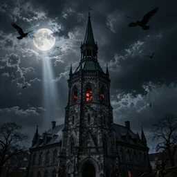Detailed Exterior Shot of Stormy Nightmare Evil Stormy!!! Rundetårn, light of hell, moonlight shafts, flock of birds, moody grim atmosphere, in Style of Peter Mohrbacher, cinematic lighting
