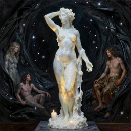 Beautiful full-body wax sculpture of glowing transparent woman covered with melted white candle wax inside the singularity where stars becoming folds of black matter by Michelangelo da Caravaggio, Nicola Samori, William Blake, Alex Grey and Beksinski, dramatic volumetric lighting, highly detailed oil painting, 8k, masterpiece