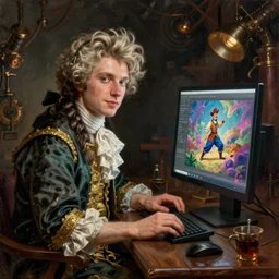 A fantasy comic book style portrait painting of limmy, Caucasian, using his desktop pc, François Boucher, Oil Painting, Mystical, unreal 5, DAZ, hyperrealistic, octane render, Regal, Refined, Detailed Digital Art, RPG portrait, William-Adolphe Bouguereau, Michael Cheval, Walt Disney (1937), Steampunk, dynamic lighting, Highly Detailed, Cinematic Lighting, Unreal Engine, 8k, HD
