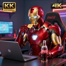iron man sit in front of laptop and eating chips with coca cola, gaming room, trending on artstation, highly detailed, sharp focus, digital art, 8 k