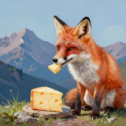 an award winning painting of a fox eating cheese on a mountain