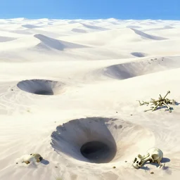 Bone desert. White sand dunes. Human and animal bones. Wasteland. Blindingly bright, sinkholes, anime, a fantasy digital painting by Greg Rutkowski and James Gurney, trending on Artstation, highly detailed