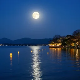 beautiful lake with bright moonlight, lanterns are flying