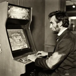 old photo of abraham lincoln playing a stand up arcade game mortal kombat