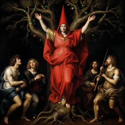 ascension of the scarlet woman by caravaggio adolf wolfli beksinski jan van eyck francis bacon, fantasy, roots vines tree, ecstatic visions, black void, religious ritual, epiphany ascension, red robe, conical red hood, gold emerald
